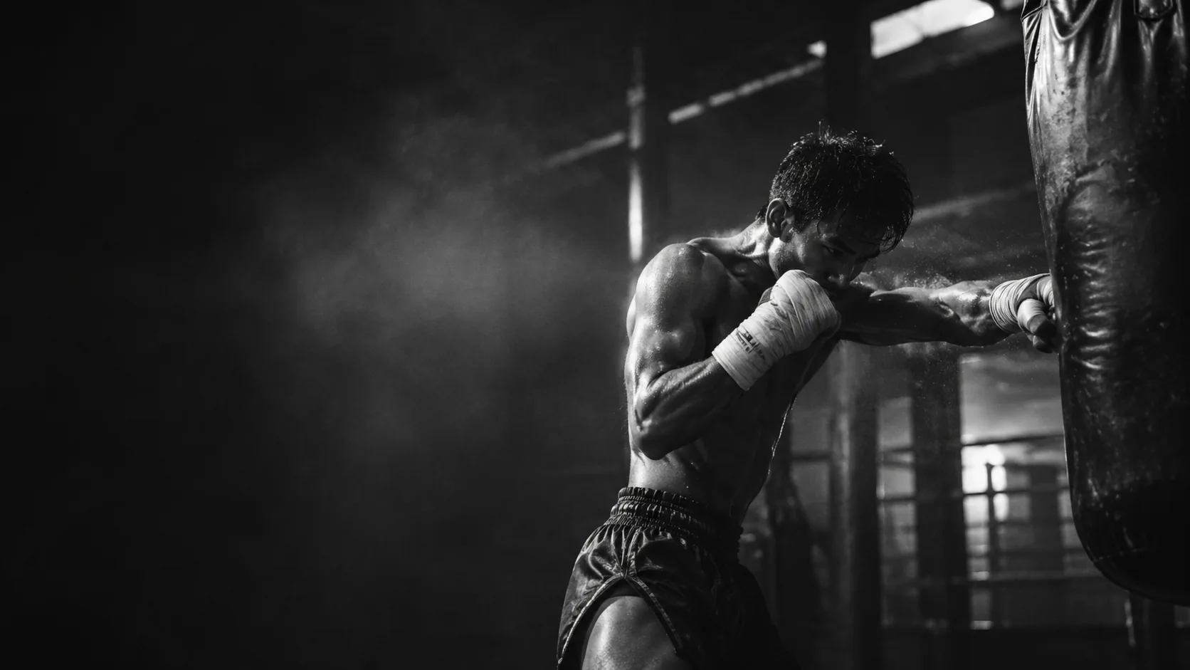 Black-and-white illustrative photograph of a fighter training